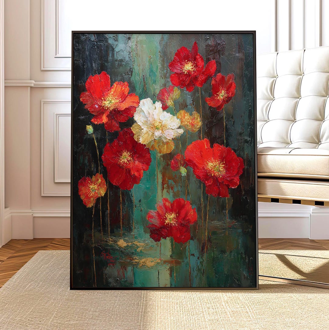 Red Flower Wall Art Print, Modern Floral Oil Painting, Bold Botanical ...