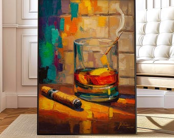 Whiskey and Cigar Wall Art, Evening Cigar Ritual Painting, Luxury Gentleman Decor, Classic Bar Lounge Artwork, Masculine Art Print
