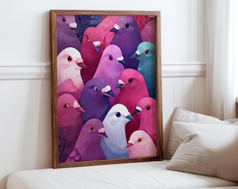 Impression d'art mural pigeon drôle, affiche d'oiseau Pop Art colorée, oeuvre d'art animalière contemporaine, décoration animalière moderne, idée cadeau unique