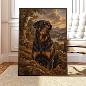 May include: A framed rectangular wall art print featuring a realistic painting of a black and tan Rottweiler dog sitting on a rocky hillside. The background depicts a scenic landscape with trees, a distant lake, and mountains under a cloudy sky.