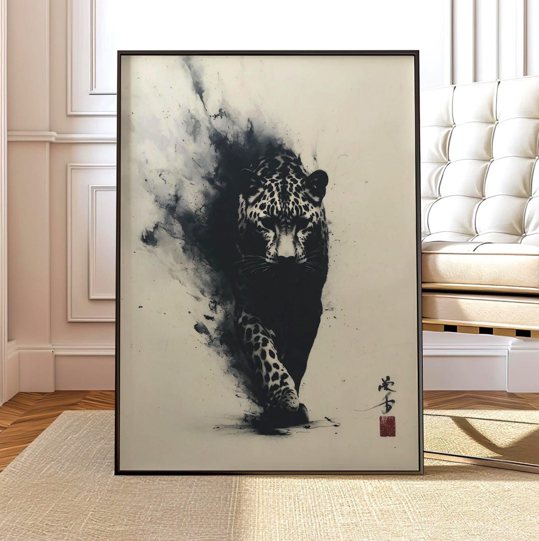 Leopard Sumi-e Wall Art, Japanese Ink Leopard Print, Minimalist Big Cat ...