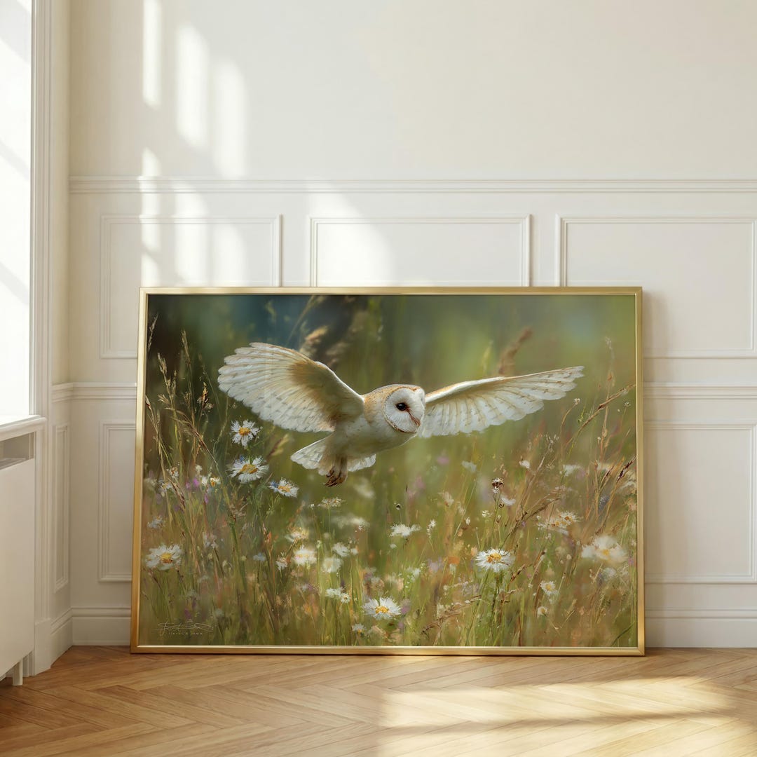 Owl Wall Art Print, Flying Meadow Wildlife Painting, Wildflower Field ...
