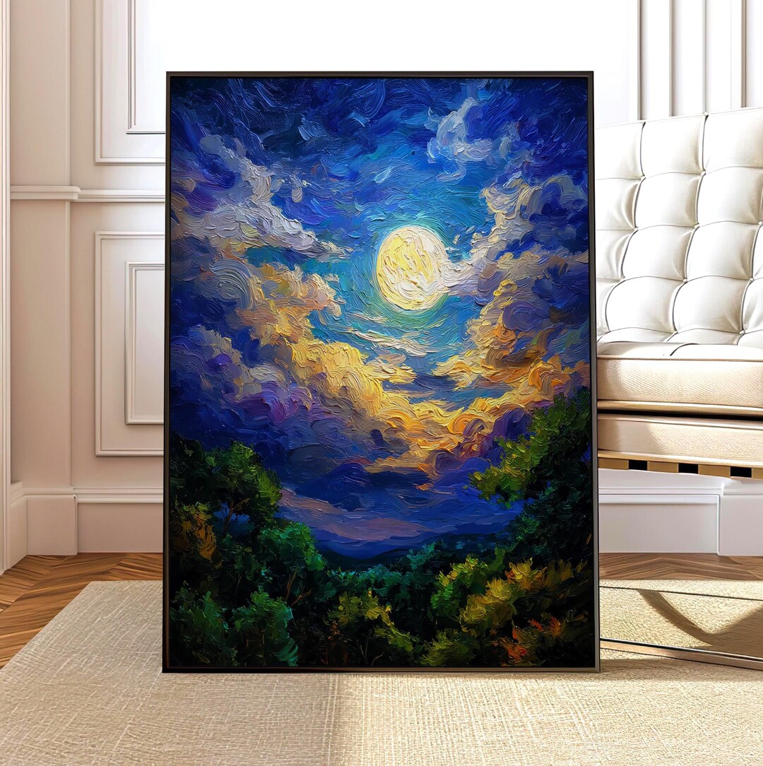 Full Moon Wall Art, Dramatic Night Sky Canvas Print, Swirling Cloud ...