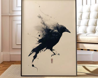 Crow Ink Wash Painting | Japanese Sumi-e Raven Wall Art, Zen Minimalist Black Bird Print, Wabi-Sabi Decor