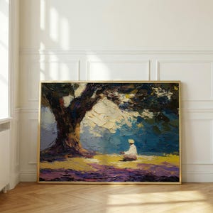 May include: An oil painting in a gold frame shows a person seated beneath a large tree. The artwork uses blues, greens, yellows, and purples to create a tranquil outdoor scene. The person is wearing white clothing and a yellow hat.