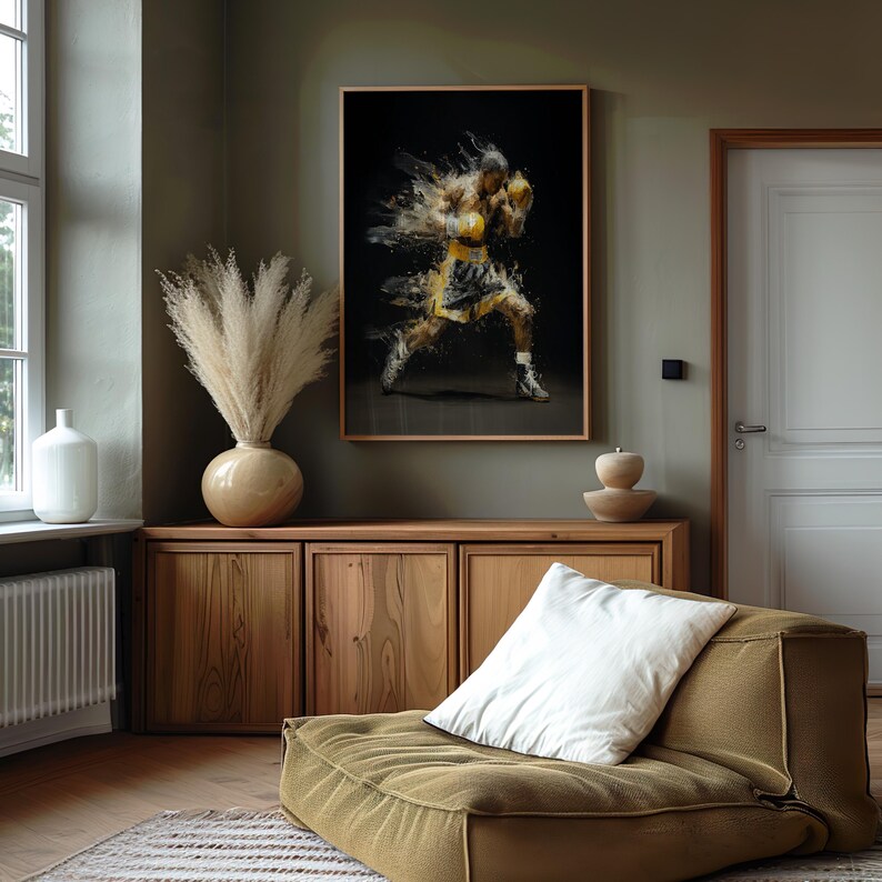 Abstract Boxing Fighter Wall Art, Dynamic Sports Painting, Gold Gloves ...