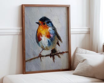 May include: A framed oil painting of a colorful bird perched on a branch. The bird has a black head, orange chest, and blue and white wings. The background is a light gray with visible brushstrokes.