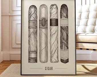 Vintage Cigar Types Illustration, Minimalist Line Art Diagram, Classic Masculine Wall Decor, Bar Lounge Art