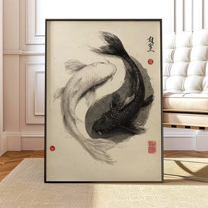 Lámina artística de pez koi Yin Yang – Decoración monocromática para el hogar