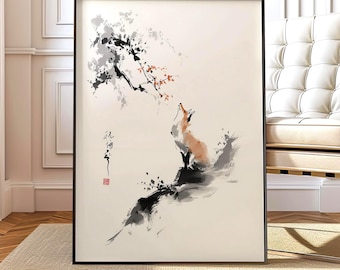 Zen Fox Sumi-e Ink Painting – Japanese Minimalist Art Print