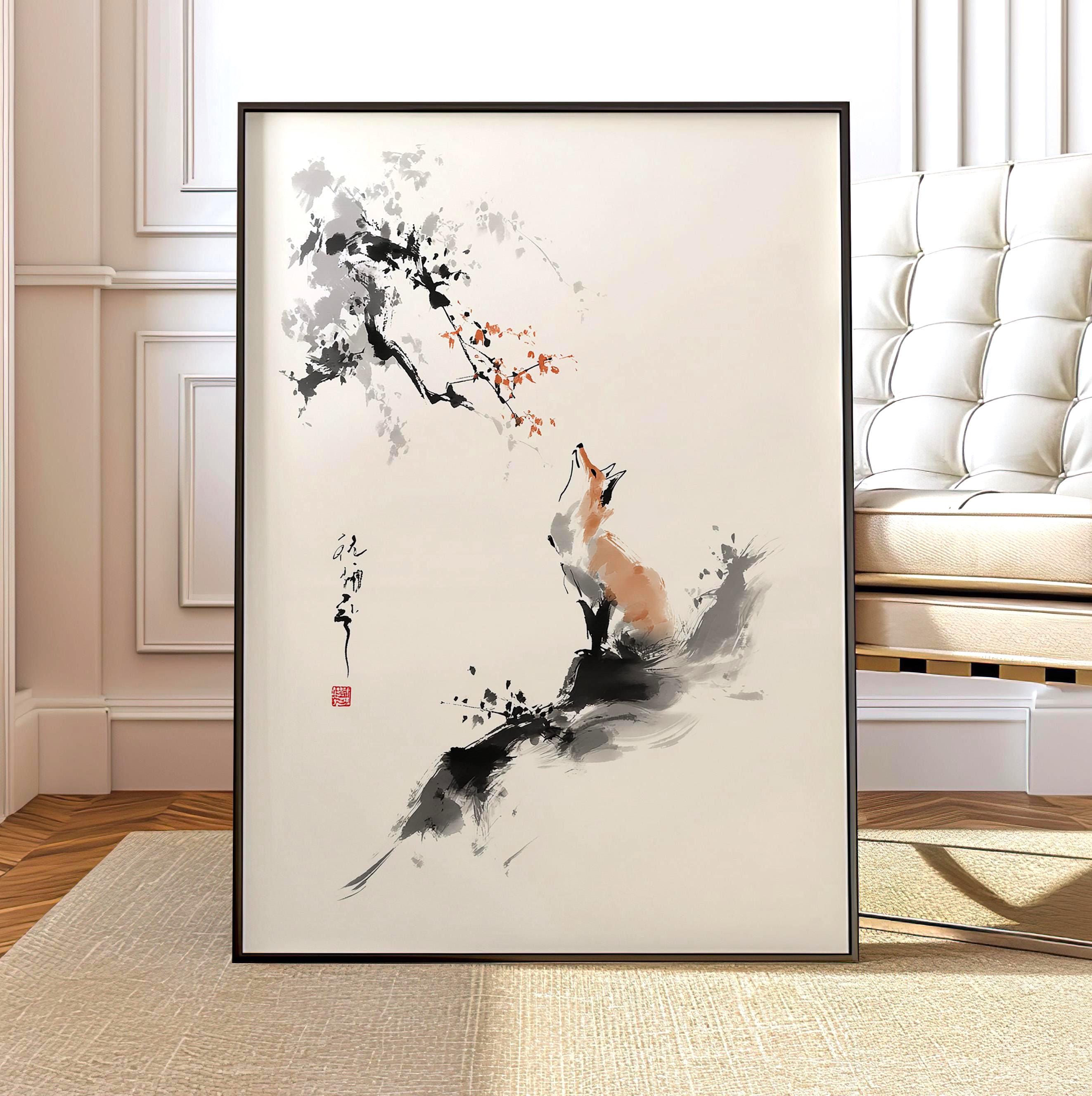 Zen Fox Ink Painting Print – Minimalist Japanese Sumi-e Style Wall