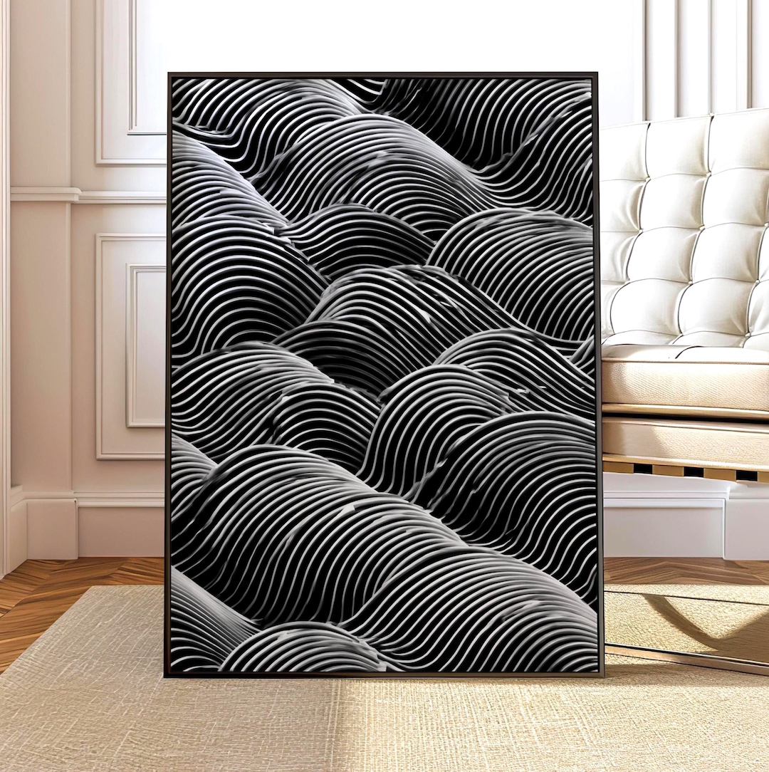 Abstract Wave Line Art Print Black White, Modern Geometric Wall Art ...