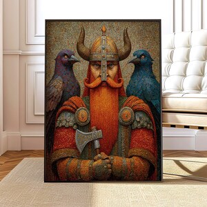 May include: Framed artwork depicting a Viking warrior with a red beard, holding an axe, and wearing a horned helmet. Two mosaic-style birds flank the warrior. The artwork has a mosaic texture with a neutral background.