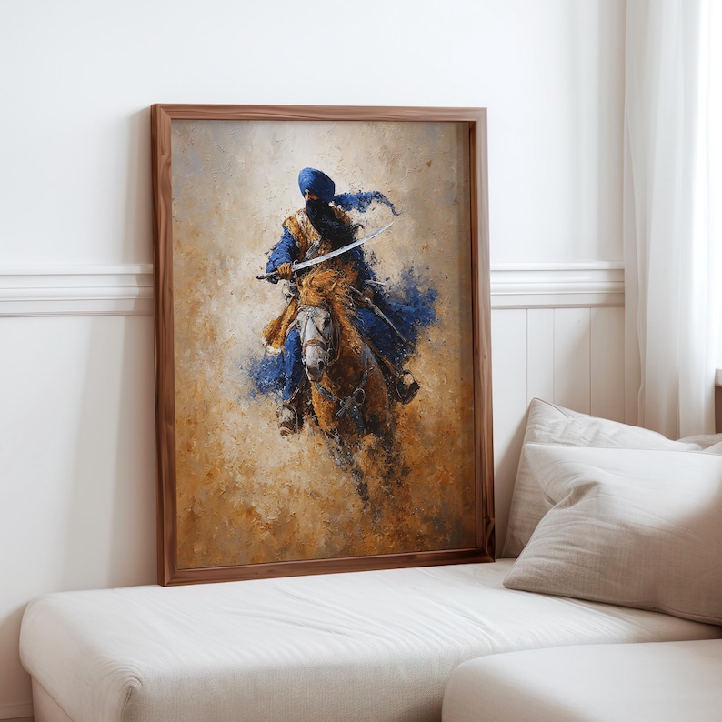 May include: A framed art print showing a warrior on horseback, painted in a loose style. The figure is in blue clothing and a turban, holding a sword. The horse is brown, set against a background of warm, earthy colours.