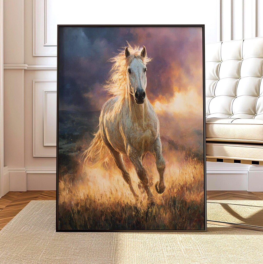 Running Horse Wall Art, White Stallion Oil Painting Print, Dynamic ...