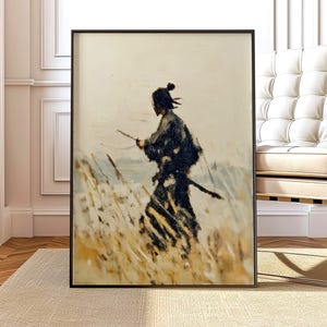 May include: Framed artwork depicting a samurai warrior in a field of tall grass. The painting uses a muted color palette with shades of beige, brown, and black. The samurai is wearing traditional attire and carrying a sword.