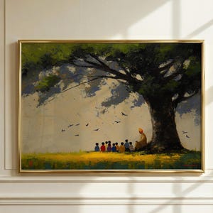 Peut inclure: Peinture à l'huile encadrée dans un cadre doré représentant un groupe de personnes sous un grand arbre. La peinture représente une personne portant un turban et un groupe d'enfants. Des oiseaux volent dans le ciel au-dessus de l'arbre et du groupe.