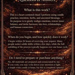 May include: A decorative card with a celestial theme, featuring a crescent moon and stars. The text "Questions & Answers" is at the top, with details about a heart-centered ritual, including candle practice and ancestral blessings.