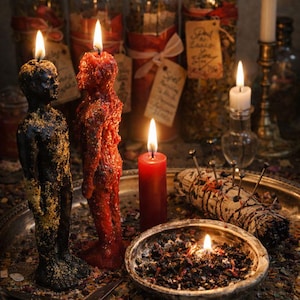 May include: A still-life arrangement featuring lit candles, including two figure-shaped candles in black and red. Jars filled with herbs and spices are in the background, along with a bowl of herbs, scissors, and a smudge stick.