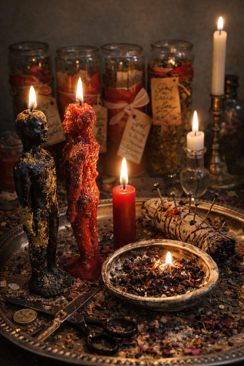 May include: A still-life arrangement featuring lit candles, including two figure-shaped candles in black and red. Jars filled with herbs and spices are in the background, along with a bowl of herbs, scissors, and a smudge stick.