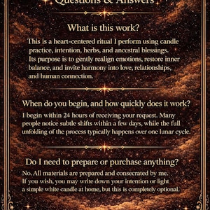 May include: A decorative card with a celestial theme, featuring a crescent moon and stars. The text "Questions & Answers" is at the top, with details about a heart-centered ritual, including candle practice and ancestral blessings.