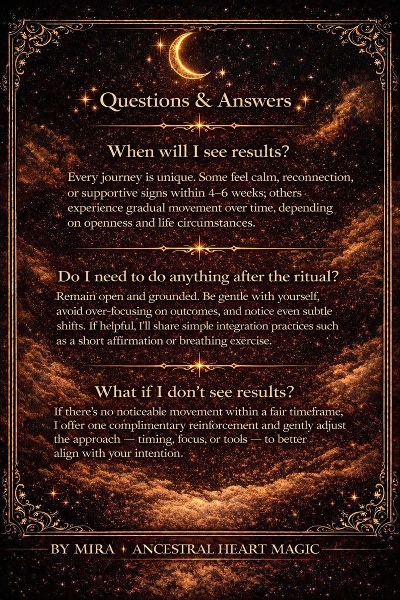 May include: A dark brown card with gold accents and text. The card features a crescent moon and stars at the top, with the words "Questions & Answers." The text addresses topics like results, rituals, and intentions. The card is from "Ancestral Heart Magic."