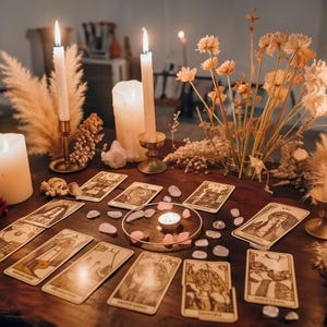 Pode incluir: Uma mesa de madeira exibe uma configura&ccedil;&atilde;o de leitura de cartas de tar&ocirc;. Velas acesas em casti&ccedil;ais de lat&atilde;o e uma vela central iluminam a cena. As cartas de tar&ocirc; s&atilde;o dispostas com cristais de quartzo rosa espalhados e flores secas, criando um ambiente m&iacute;stico.