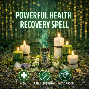 May include: An image featuring lit candles, a bundle of sage emitting smoke, and crystals. The text reads "POWERFUL HEALTH RECOVERY SPELL" with icons and text that say "HEAL", "REBUILD ENERGY", and "PHOTO PROOF".