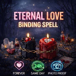 May include: Two lit candles, one black and one red, are linked by a gold chain. The candles are rose-shaped and have gemstones. The text "ETERNAL LOVE BINDING SPELL" is at the top. Icons include a heart, a 24-hour symbol, and a camera.