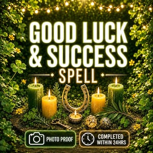 Könnte beinhalten: Eine Anordnung mit dem Text GOOD LUCK & SUCCESS SPELL, zwei grünen Kerzen, zwei gelben Kerzen, einem Hufeisen aus Metall, einem kleinen Schlüssel und zwei dekorativen Kugeln, umgeben von grünem Klee und kleinen gelben Blumen mit Lichterketten.