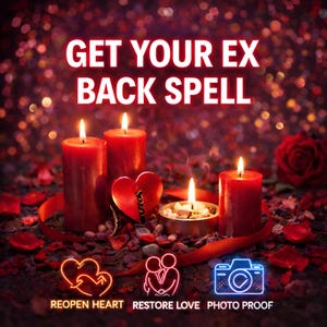 Puede incluir: Imagen promocional con velas rojas encendidas, un corazón roto y pétalos de rosa. El texto dice "GET YOUR EX BACK SPELL" con iconos para "REOPEN HEART", "RESTORE LOVE" y "PHOTO PROOF".