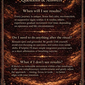 May include: A dark brown card with gold accents and text. The card features a crescent moon and stars at the top, with the words "Questions & Answers." Text addresses questions about results, rituals, and intentions. The card is from "MIRA + ANCESTRAL HEART MAGIC."