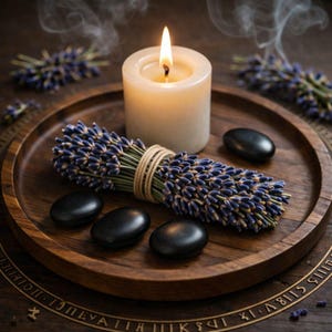 Pode incluir: Uma vela acesa, um feixe de lavanda e pedras pretas s&atilde;o dispostos em uma bandeja de madeira. A vela &eacute; branca e cil&iacute;ndrica, com uma chama brilhante. A lavanda &eacute; amarrada com barbante. As pedras s&atilde;o lisas e ovais.