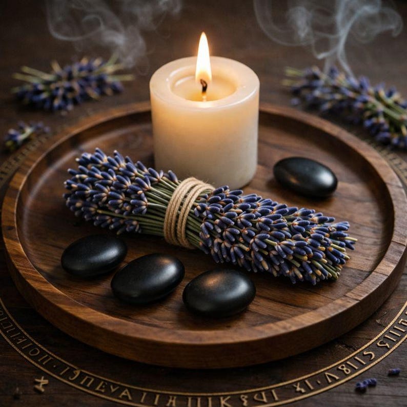 Pode incluir: Uma vela acesa, um feixe de lavanda e pedras pretas s&atilde;o dispostos em uma bandeja de madeira. A vela &eacute; branca e cil&iacute;ndrica, com uma chama brilhante. A lavanda &eacute; amarrada com barbante. As pedras s&atilde;o lisas e ovais.