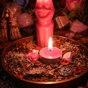 May include: A pink figure candle and a small round candle, both lit with flames. They sit in a brass bowl with herbs, flowers, and a pentagram charm. The scene is set with a mystical theme.