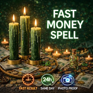 Peut inclure: Image avec trois bougies vertes dégoulinantes de cire, sur un plateau doré avec de l'argent et des pièces. Le texte "FAST MONEY SPELL" est affiché, avec des icônes pour résultats rapides, le jour même et preuve photo.