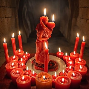 May include: A collection of lit red candles, including a central candle shaped like embracing figures. The candles vary in size and shape, creating a warm, inviting glow. The scene is set in a dimly lit space.