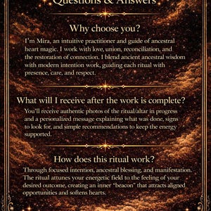 Pode incluir: Gr&aacute;fico ornamentado com uma lua crescente e estrelas, com o texto "Perguntas e Respostas" e detalhes sobre a magia ancestral do cora&ccedil;&atilde;o, incluindo o nome da praticante, Mira.