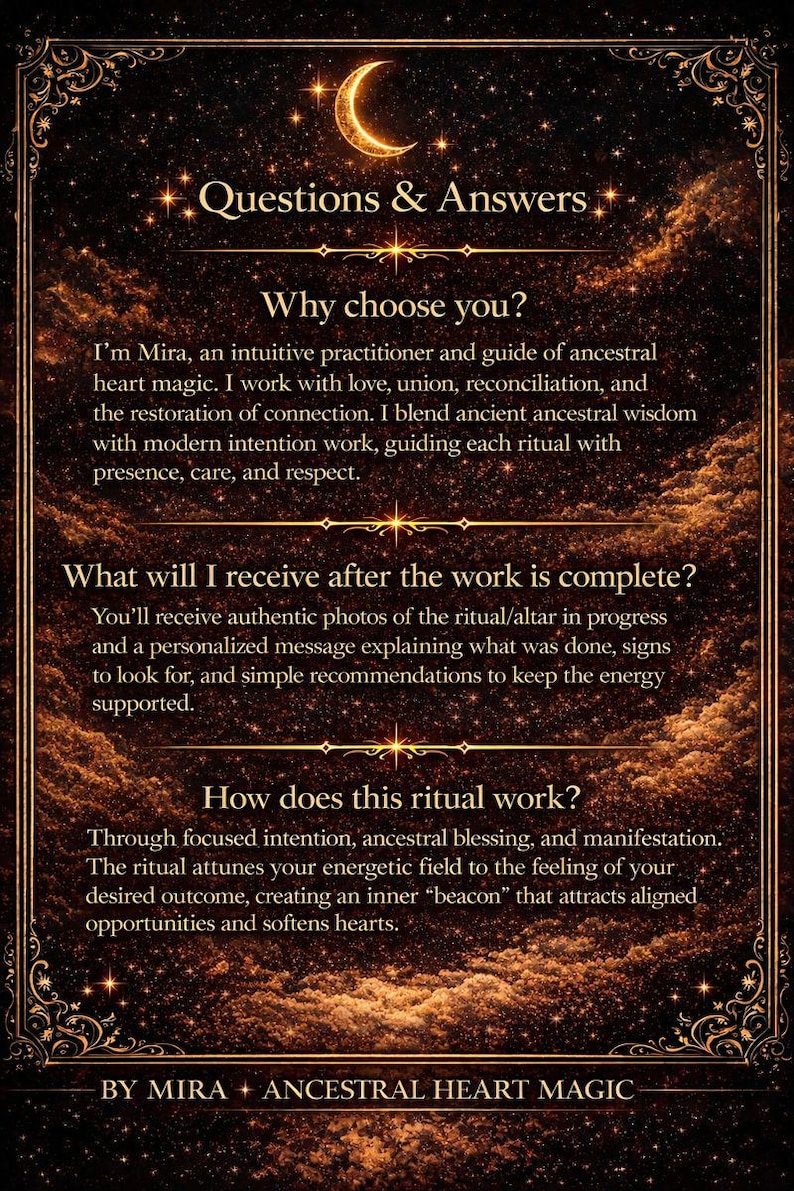 Pode incluir: Gr&aacute;fico ornamentado com uma lua crescente e estrelas, com o texto "Perguntas e Respostas" e detalhes sobre a magia ancestral do cora&ccedil;&atilde;o, incluindo o nome da praticante, Mira.
