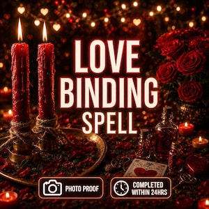 Könnte beinhalten: Zwei rote Wachskerzen mit brennenden Dochten stehen auf einem goldenen Tablett, umgeben von roten Rosenblättern. Der Text LOVE BINDING SPELL ist zentriert. Darunter befinden sich zwei Kästchen mit PHOTO PROOF und COMPLETED WITHIN 24HRS.