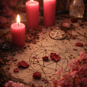May include: Three lit pink candles on a table with a pentagram and other symbols. Dried rose petals and pink flowers surround the candles. The scene evokes a mystical or spiritual theme.