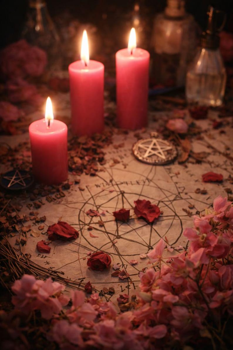 May include: Three lit pink candles on a table with a pentagram and other symbols. Dried rose petals and pink flowers surround the candles. The scene evokes a mystical or spiritual theme.