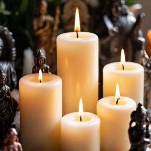 May include: Five ivory-colored pillar candles of varying heights are lit, with flames flickering. The candles are surrounded by small statues and crystals, creating a spiritual or decorative arrangement. The scene is softly lit.