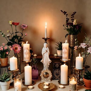 May include: A serene display featuring lit candles of varying sizes, including pillar and votive candles, arranged with floral arrangements and a statue. The candles are in gold-toned holders, creating a warm, inviting ambiance. The scene is set against a neutral backdrop.