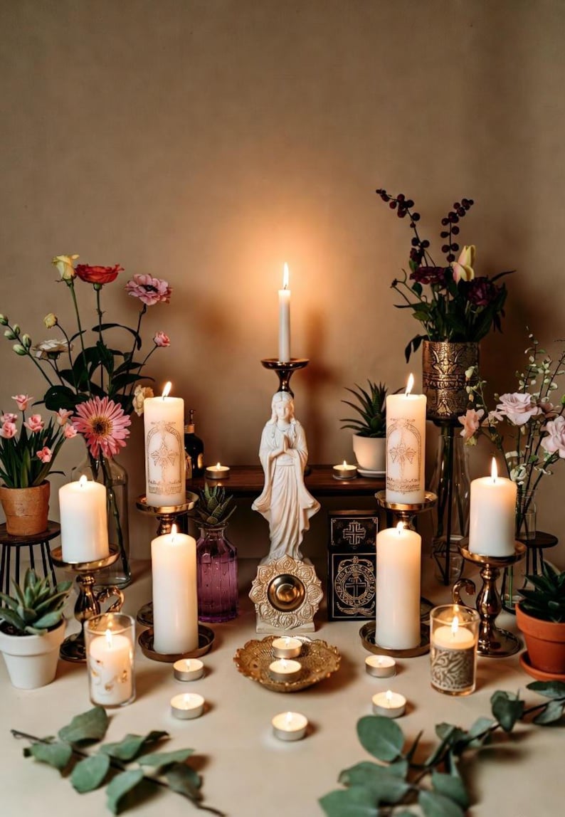 May include: A serene display featuring lit candles of varying sizes, including pillar and votive candles, arranged with floral arrangements and a statue. The candles are in gold-toned holders, creating a warm, inviting ambiance. The scene is set against a neutral backdrop.