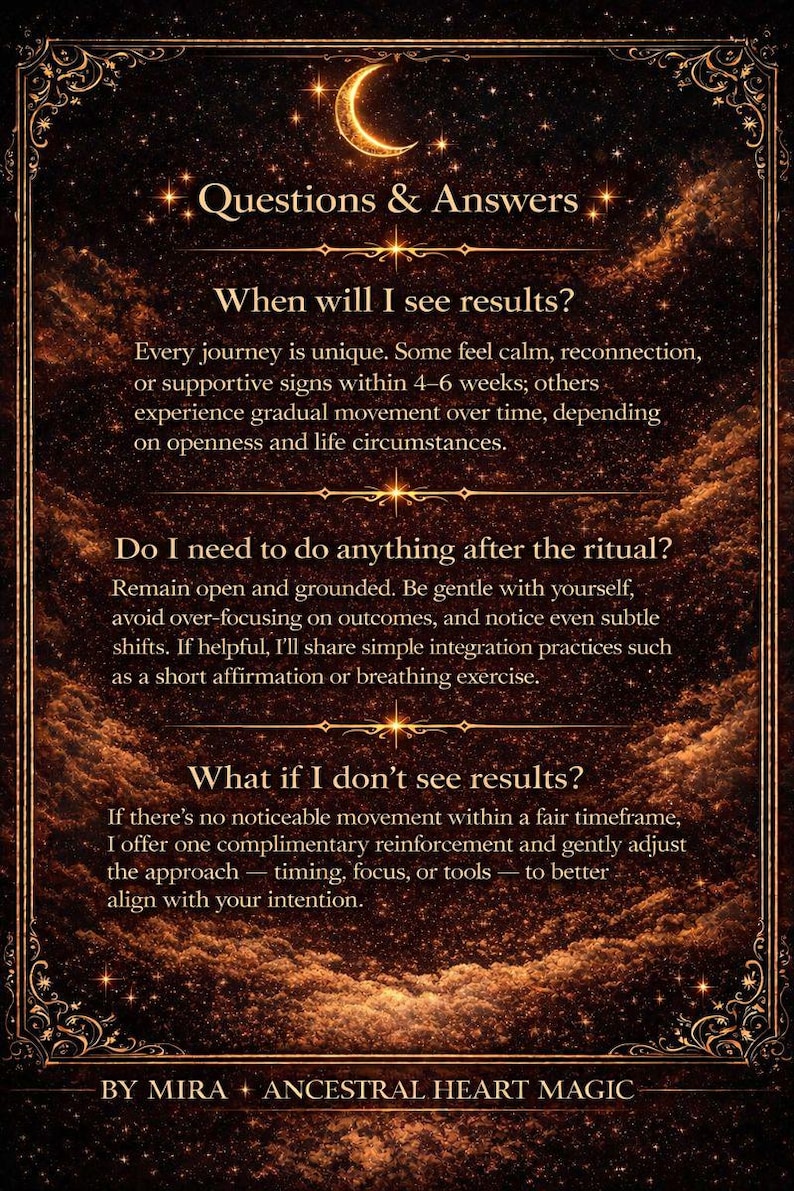 Pode incluir: Um cart&atilde;o castanho escuro com detalhes dourados e texto. O cart&atilde;o apresenta uma lua crescente e estrelas no topo, com as palavras "Perguntas e Respostas". O texto aborda quest&otilde;es sobre resultados, rituais e inten&ccedil;&otilde;es. O cart&atilde;o &eacute; de "Ancestral Heart Magic".