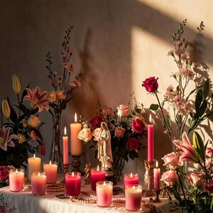 May include: A tranquil arrangement of lit candles in shades of pink and peach, set on a table with a floral embroidered cloth. The scene is decorated with fresh flowers, including roses and lilies, and a small statue.