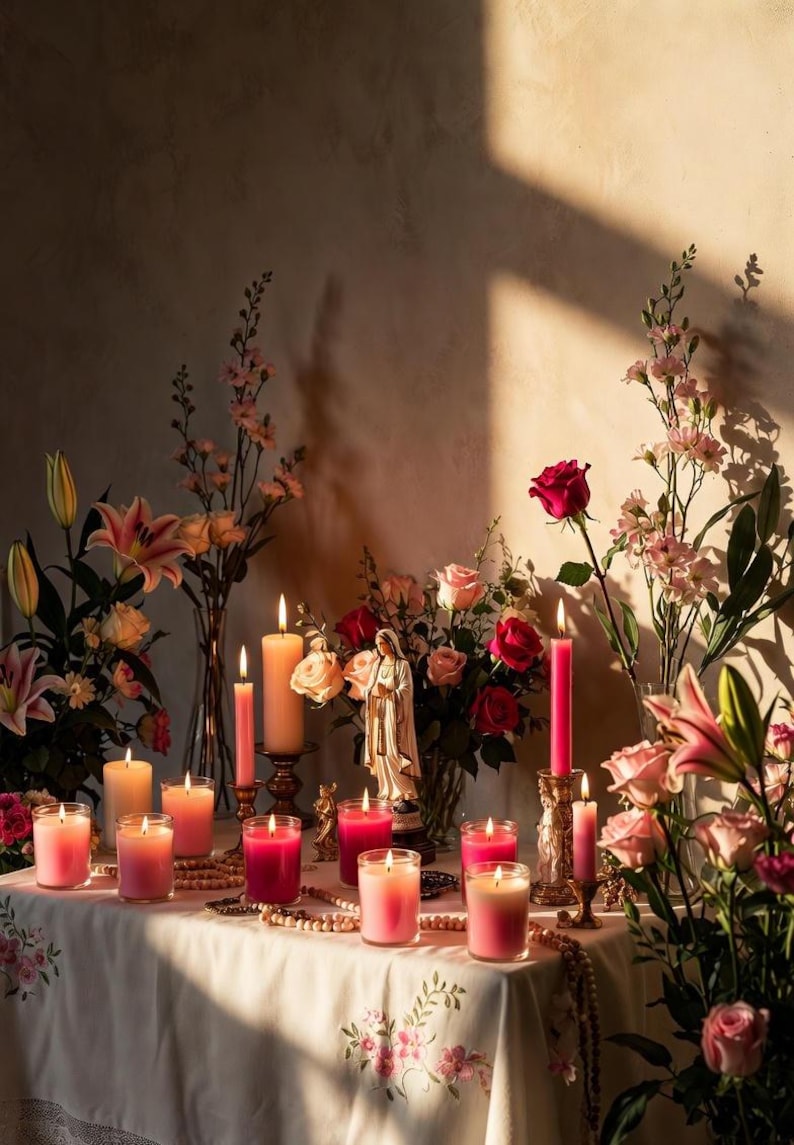 May include: A tranquil arrangement of lit candles in shades of pink and peach, set on a table with a floral embroidered cloth. The scene is decorated with fresh flowers, including roses and lilies, and a small statue.