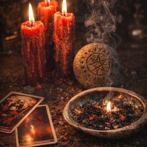 May include: Three red candles with melting wax and lit flames, a stone with a star symbol, a bowl with burning herbs, and two tarot cards are arranged on a wooden surface. Smoke rises from the bowl.