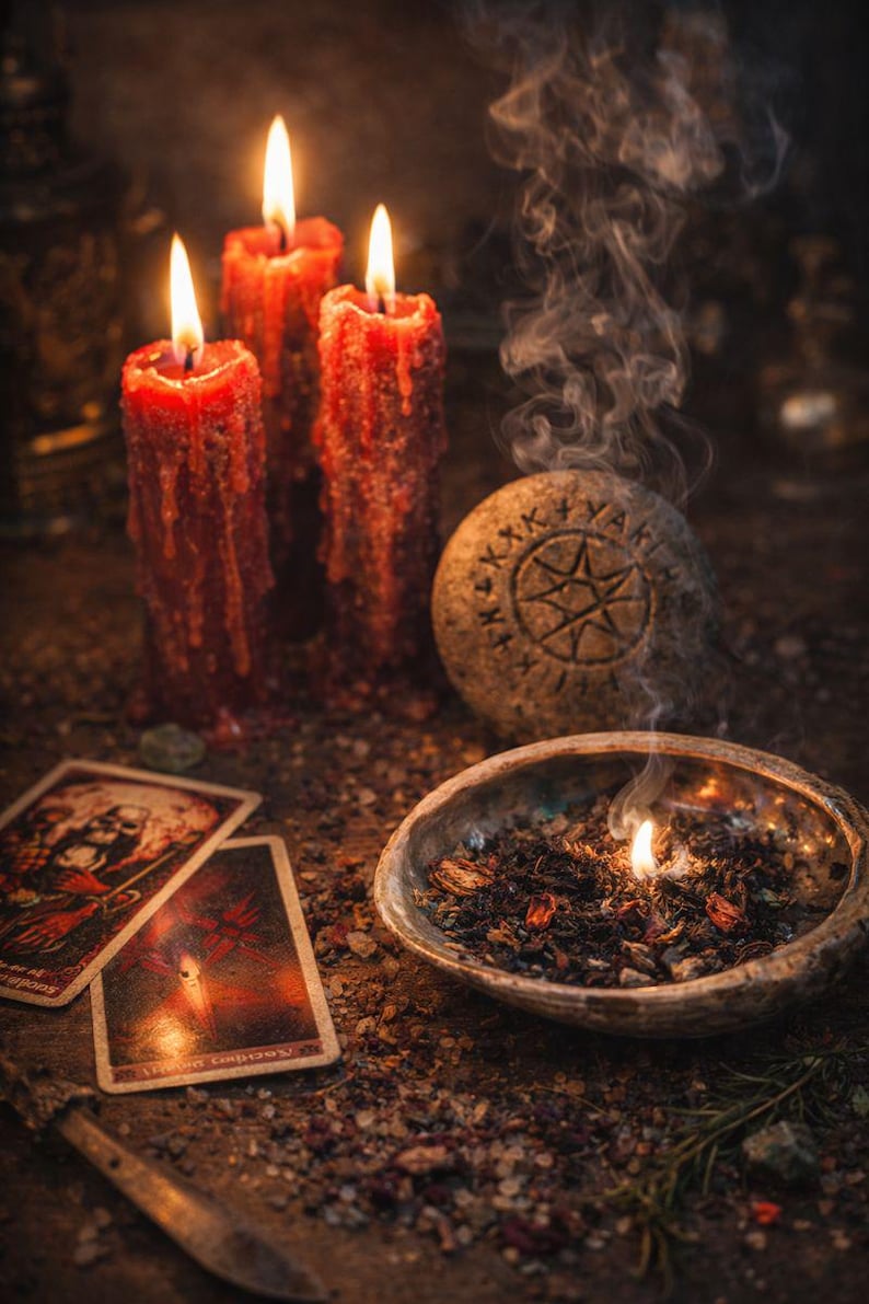May include: Three red candles with melting wax and lit flames, a stone with a star symbol, a bowl with burning herbs, and two tarot cards are arranged on a wooden surface. Smoke rises from the bowl.